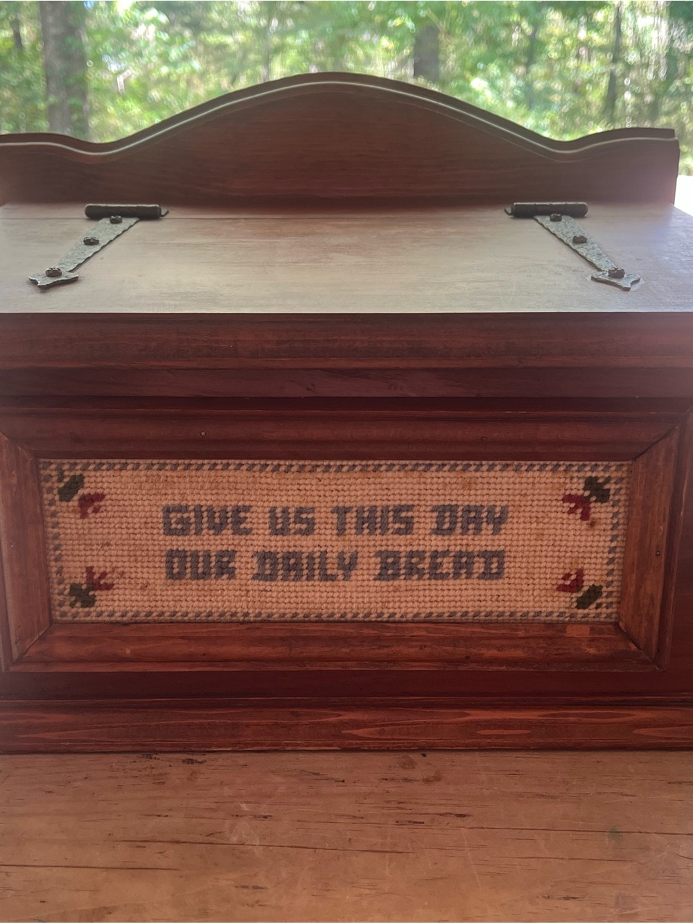 Rustic Brown Wooden Bread Box with Embroidered Front Panel